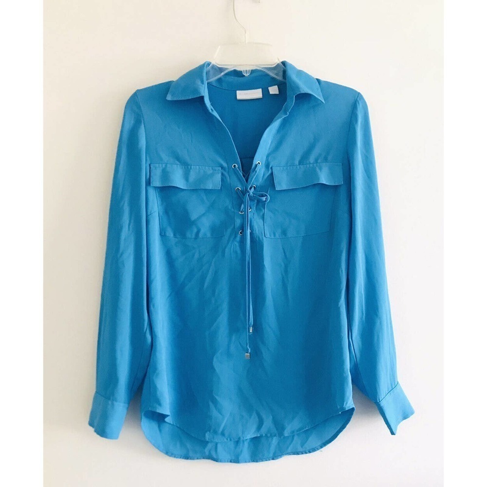 New York and Company Lace Up Top Womens Size XS Blue Roll Tab Long Sleeve